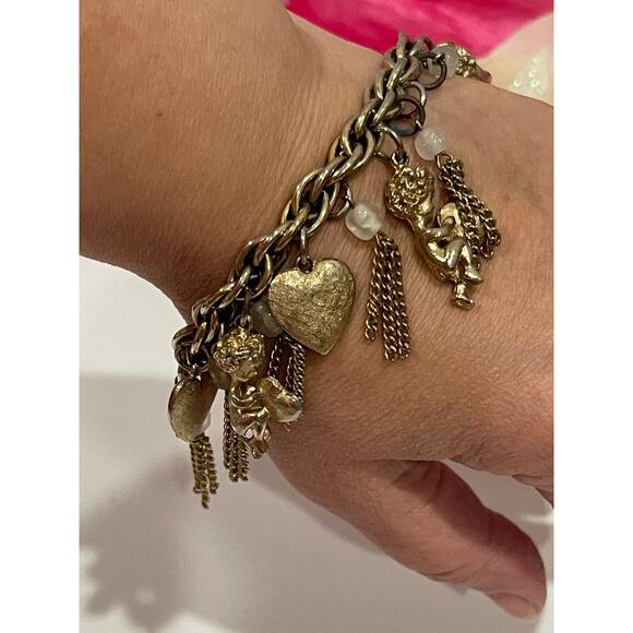 Vintage Lovely Golden Ladies Bracelet With Hearts Angels - Picture 1 of 6